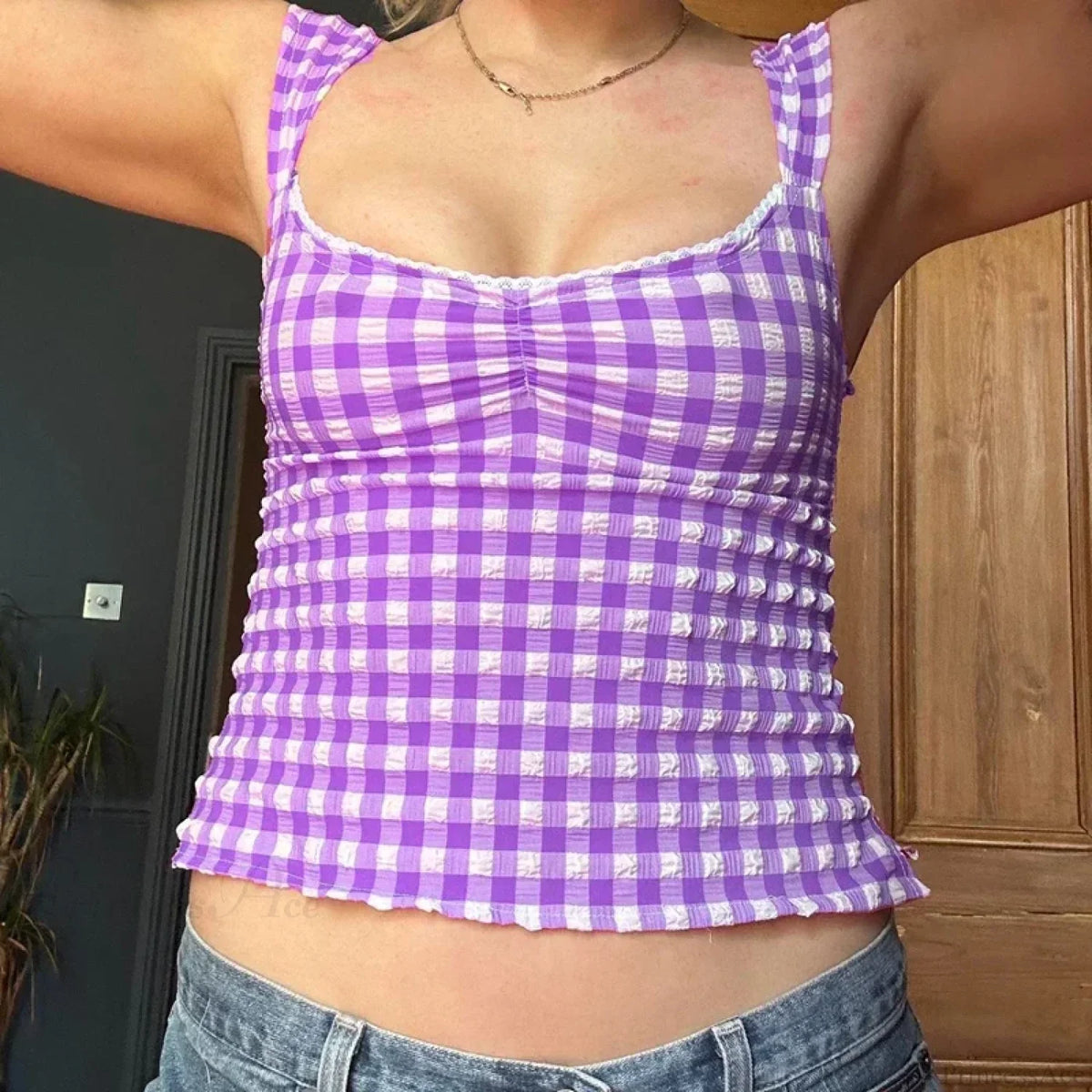 Plaid Gingham Lace Trim Square Collar Slim Fit Y2K Vintage Backless Crop Top