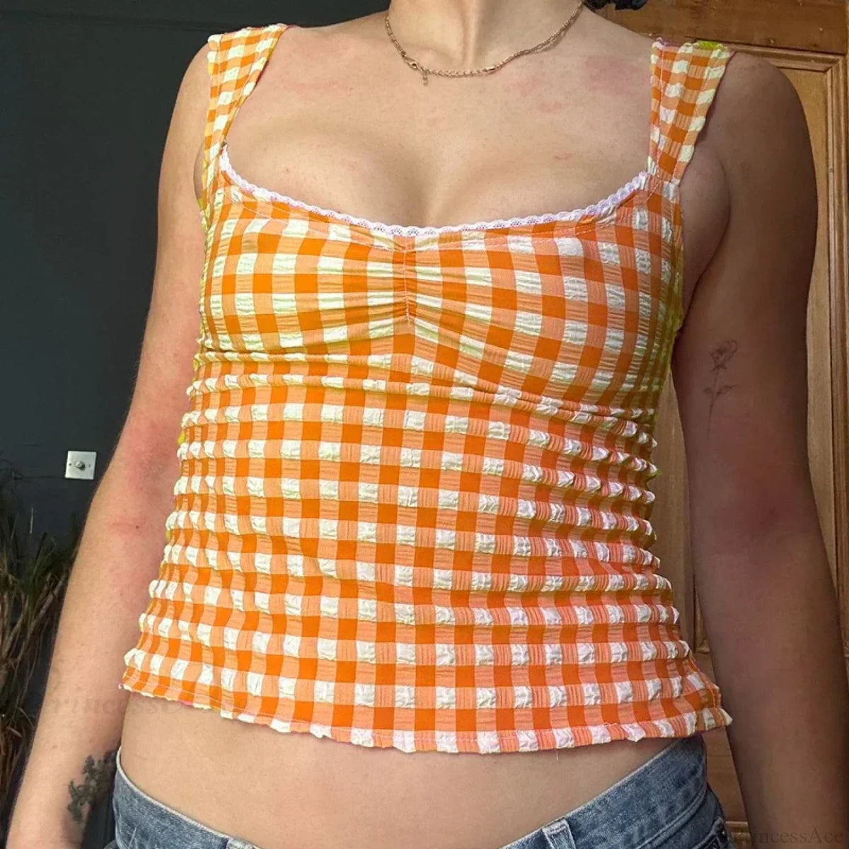 Plaid Gingham Lace Trim Square Collar Slim Fit Y2K Vintage Backless Crop Top