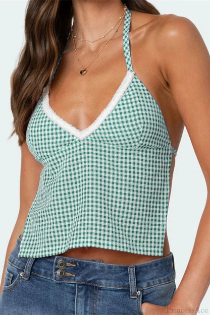 Plaid Halter Backless Deep V-neck Crop Top