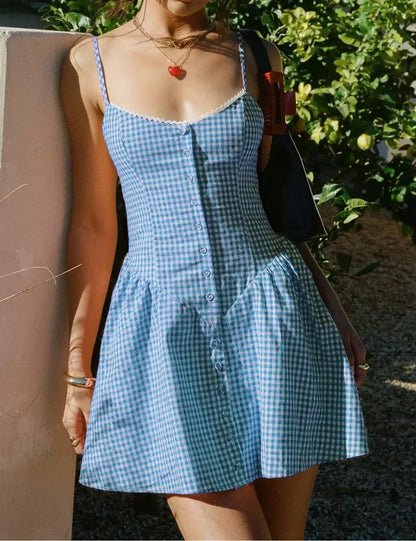 Gingham Lace Trim Button Front Spaghetti Strap Sweetheart Mini Dress
