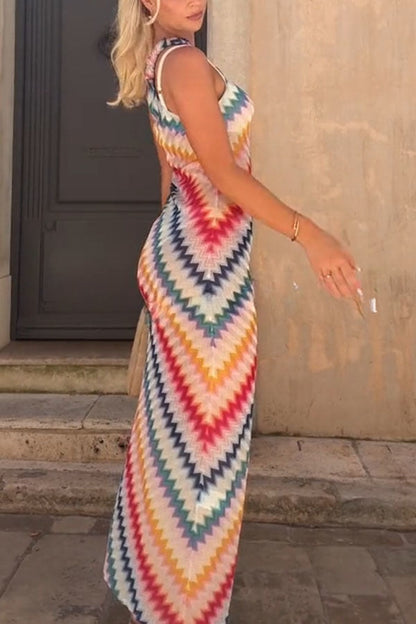 Vacay Charm Knit Colorful Zigzag Pattern One Shoulder Slit Maxi Dress