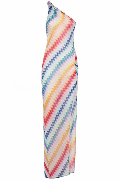 Vacay Charm Knit Colorful Zigzag Pattern One Shoulder Slit Maxi Dress