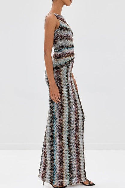 Cocktails and Vacation Knit Colorful Zigzag Pattern One Shoulder Slit Maxi Dress