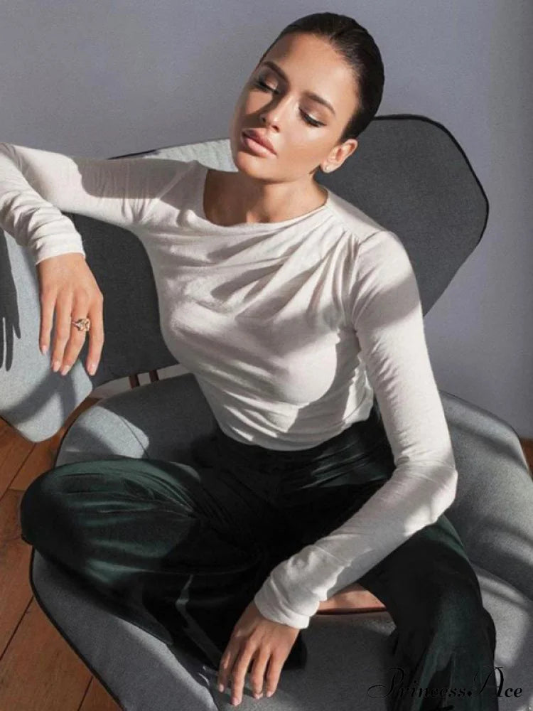 pleated color sleeve long Solid slim fit neck round T-shirt