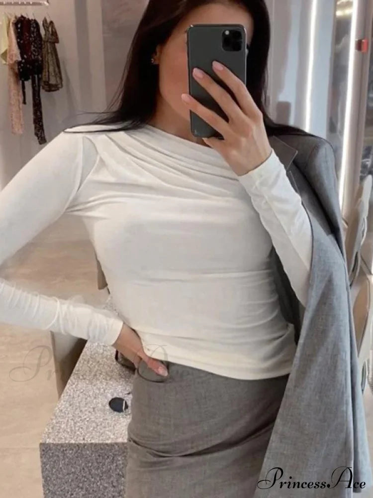 pleated color sleeve long Solid slim fit neck round T-shirt