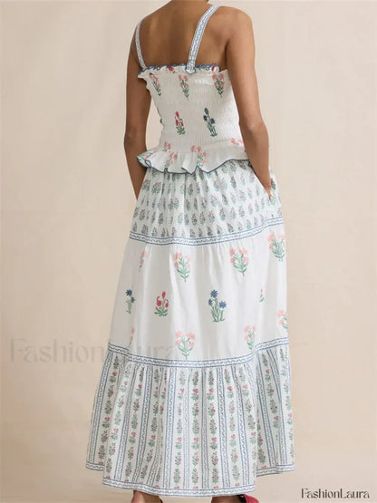 Pleated Floral Ruffle Strap Maxi Dress