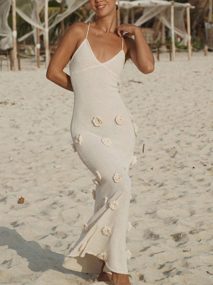 Deep V Spaghetti Strap Crochet Knit 3D Floral Applique Maxi Dress