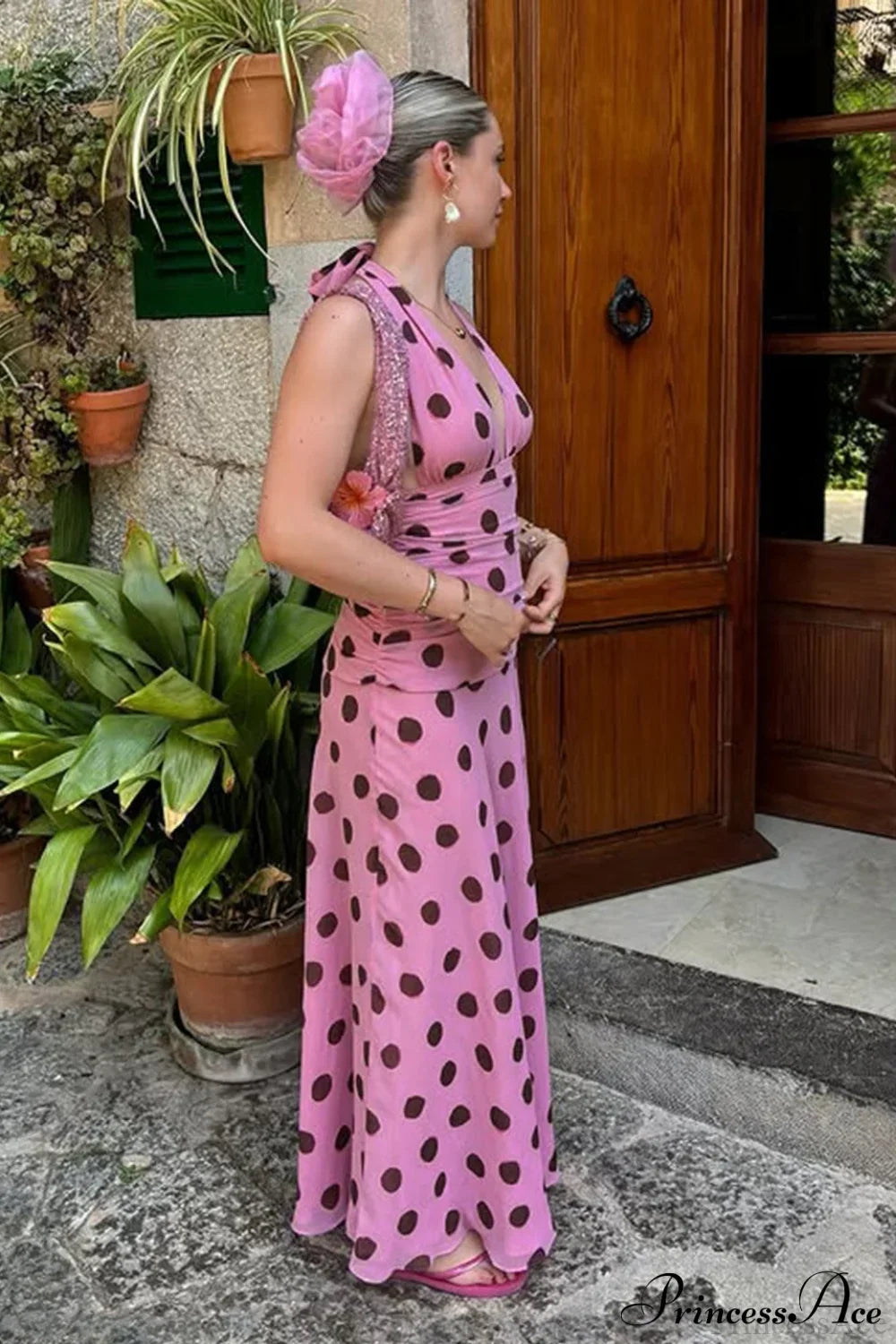 Polka Dot Halter V-Neck Color Block Bodycon Maxi Dress