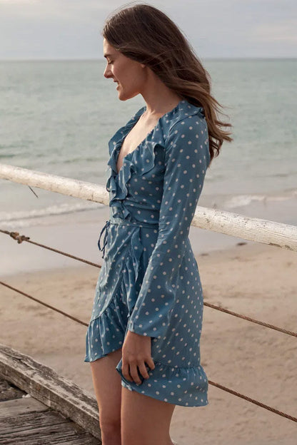 V-Neck Ruffle Trim Long Sleeve Tie Waist Wrap Polka Dot Mini Dress
