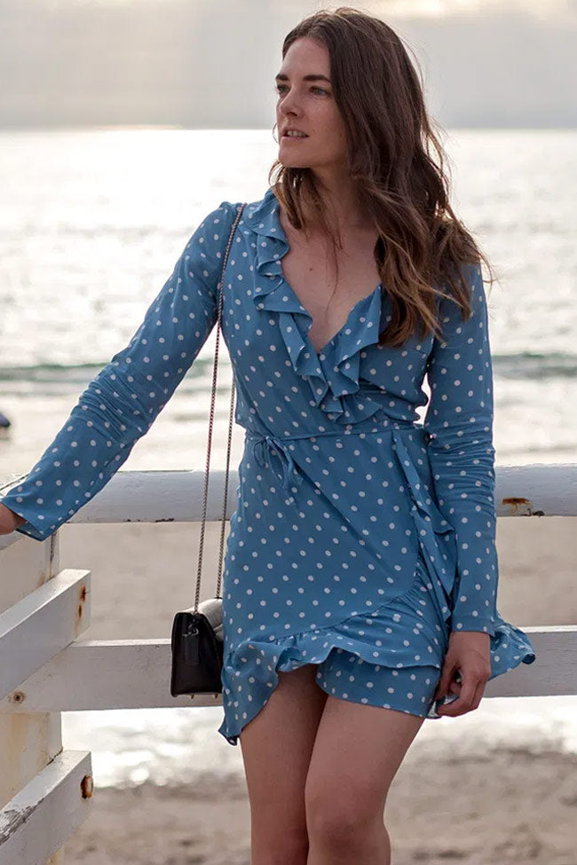 V-Neck Ruffle Trim Long Sleeve Tie Waist Wrap Polka Dot Mini Dress