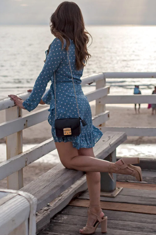 V-Neck Ruffle Trim Long Sleeve Tie Waist Wrap Polka Dot Mini Dress