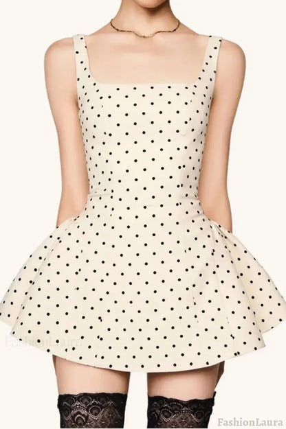 White Polka Dot Square Neck Cami Mini Dress