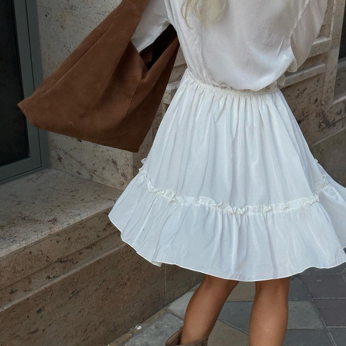 Deep V Ruffle Trim Long Sleeve Elastic Waist Tiered Ruffle Hem Mini Dress