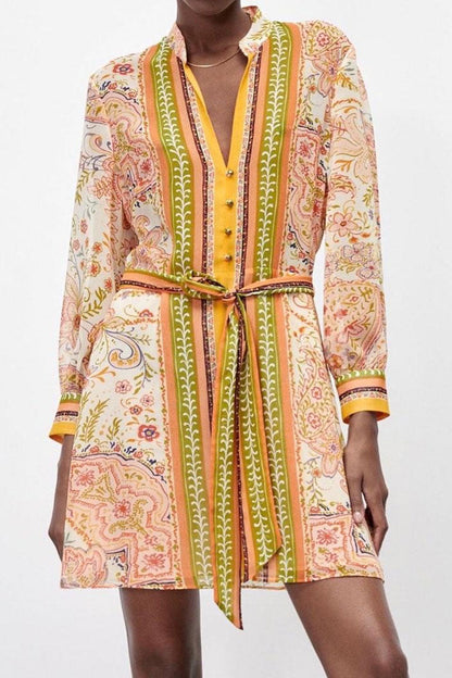 Mandarin Collar Button Front Paisley Border Print Tie Waist Shirt Mini Dress