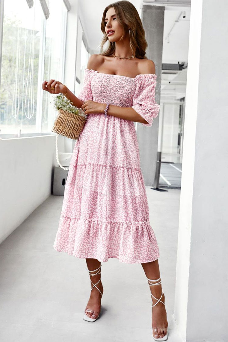 Off Shoulder Smocked Tiered Ditsy Floral Midi Dress