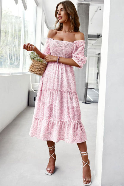 Off Shoulder Smocked Tiered Ditsy Floral Midi Dress