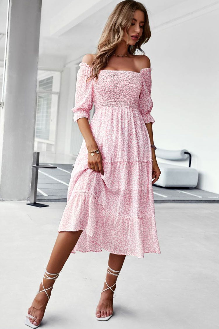 Off Shoulder Smocked Tiered Ditsy Floral Midi Dress