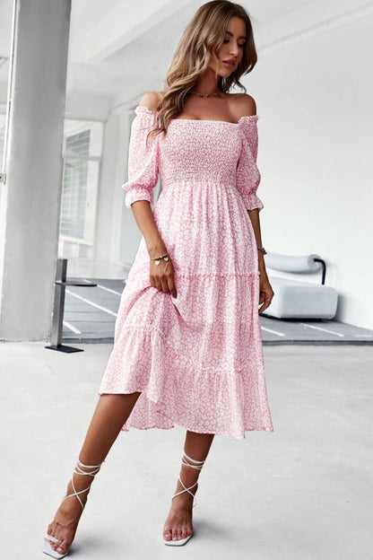 Off Shoulder Smocked Tiered Ditsy Floral Midi Dress