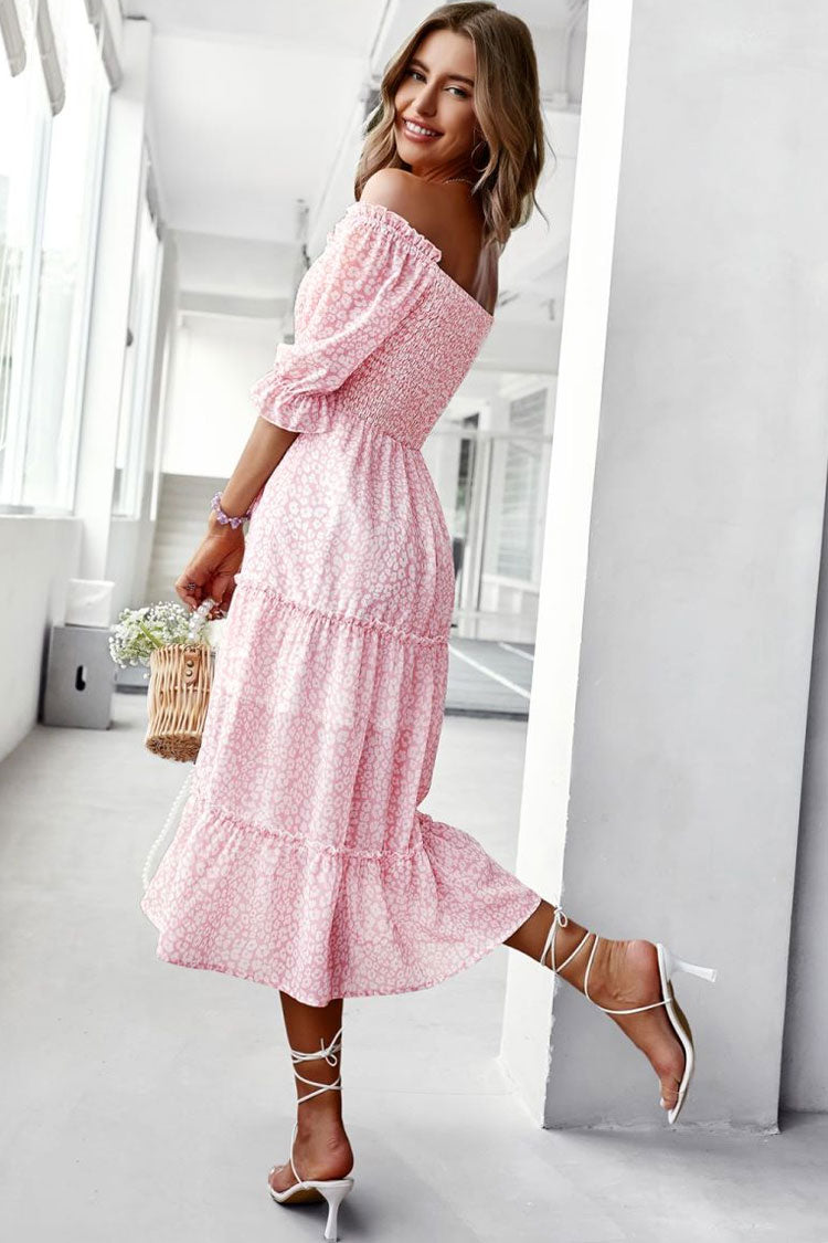 Off Shoulder Smocked Tiered Ditsy Floral Midi Dress
