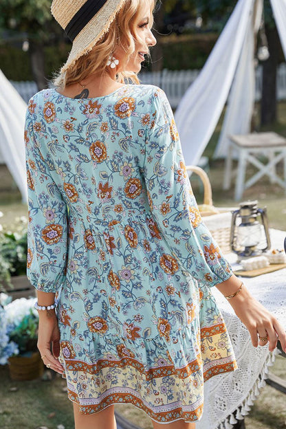 Tie Neck Half Button Floral Print Tiered Bishop Sleeve Mini Dress