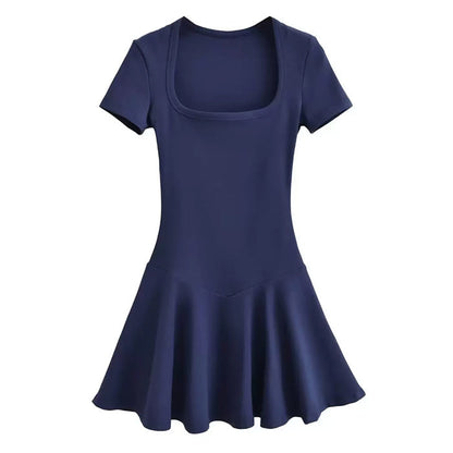 Square Neck Short Sleeve Drop Waist Fit and Flare Mini Dress