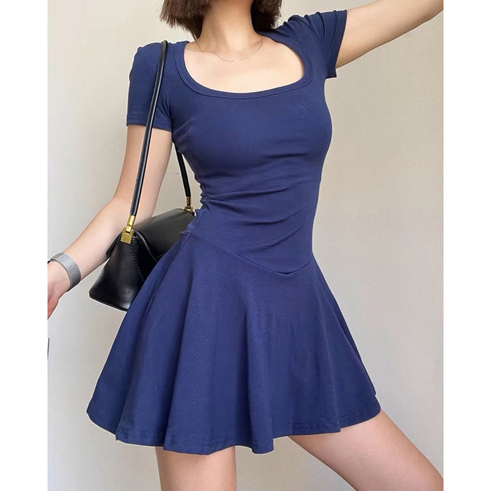 Square Neck Short Sleeve Drop Waist Fit and Flare Mini Dress