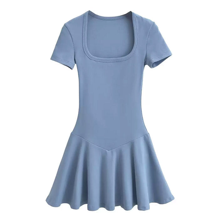 Square Neck Short Sleeve Drop Waist Fit and Flare Mini Dress
