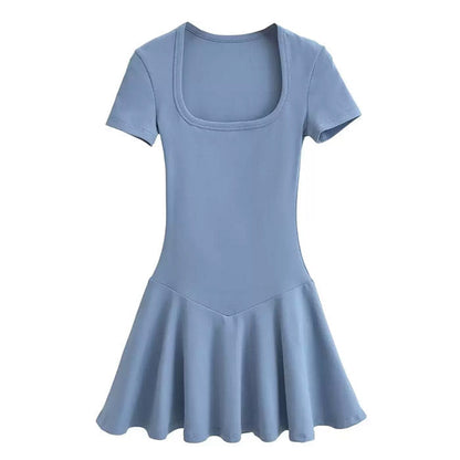 Square Neck Short Sleeve Drop Waist Fit and Flare Mini Dress