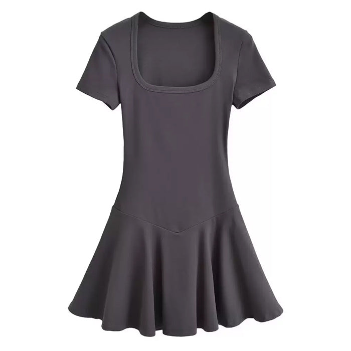 Square Neck Short Sleeve Drop Waist Fit and Flare Mini Dress