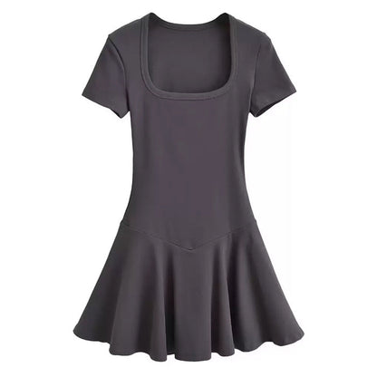 Square Neck Short Sleeve Drop Waist Fit and Flare Mini Dress