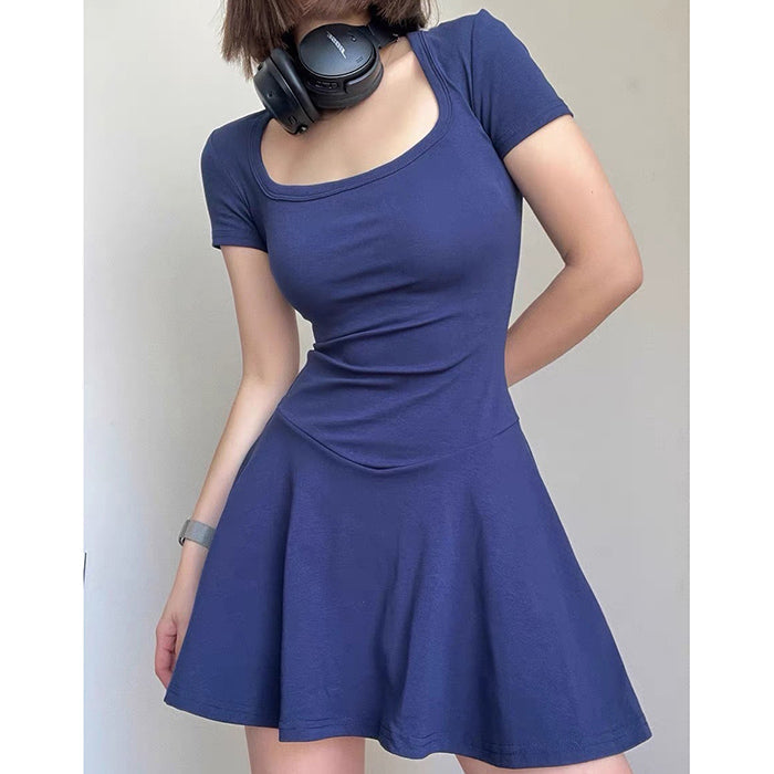 Square Neck Short Sleeve Drop Waist Fit and Flare Mini Dress
