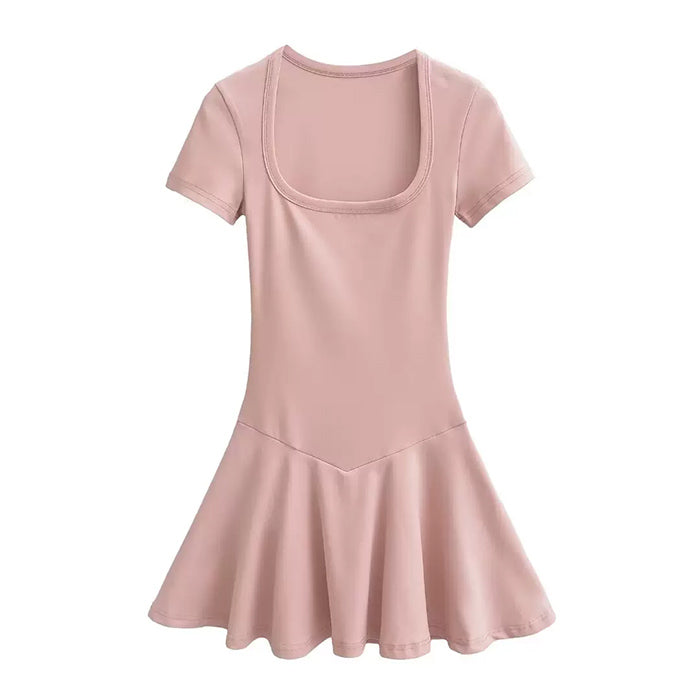 Square Neck Short Sleeve Drop Waist Fit and Flare Mini Dress