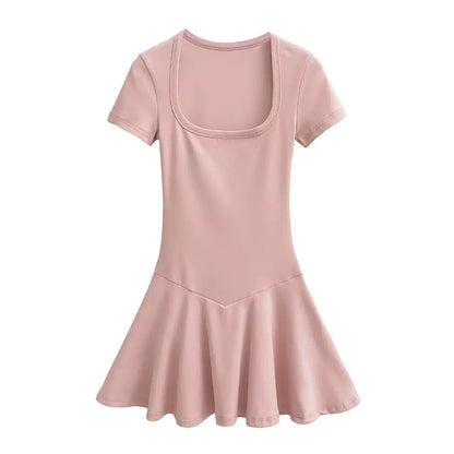 Square Neck Short Sleeve Drop Waist Fit and Flare Mini Dress