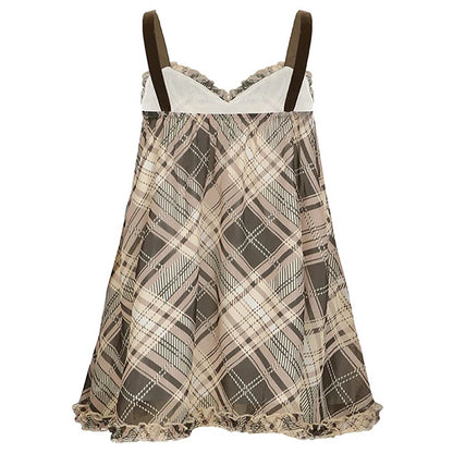 Plaid Babydoll Sweetheart Lace Trim Velvet Bow Empire Mini Dress