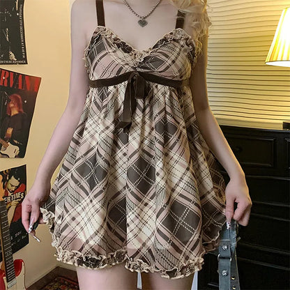 Plaid Babydoll Sweetheart Lace Trim Velvet Bow Empire Mini Dress