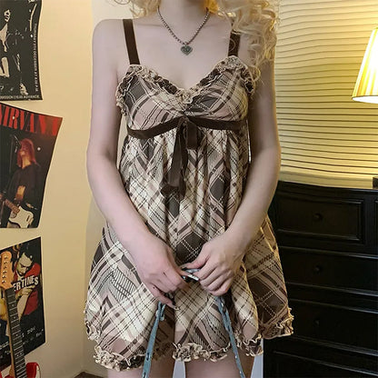 Plaid Babydoll Sweetheart Lace Trim Velvet Bow Empire Mini Dress