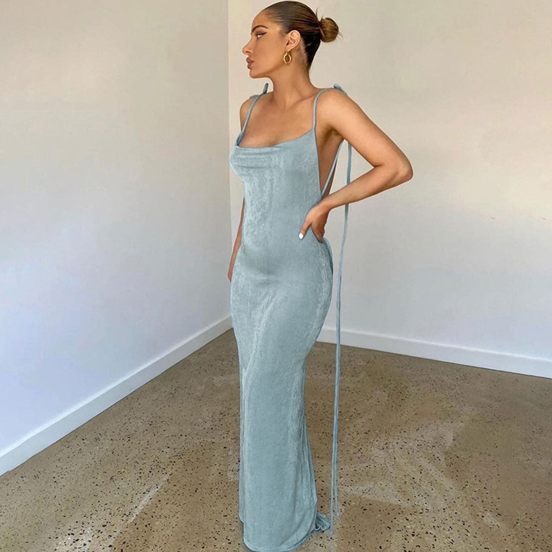 Cowl Neck Spaghetti Strap Tie-Shoulder Open Back Bodycon Maxi Dress
