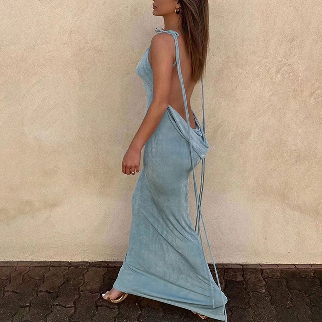 Cowl Neck Spaghetti Strap Tie-Shoulder Open Back Bodycon Maxi Dress