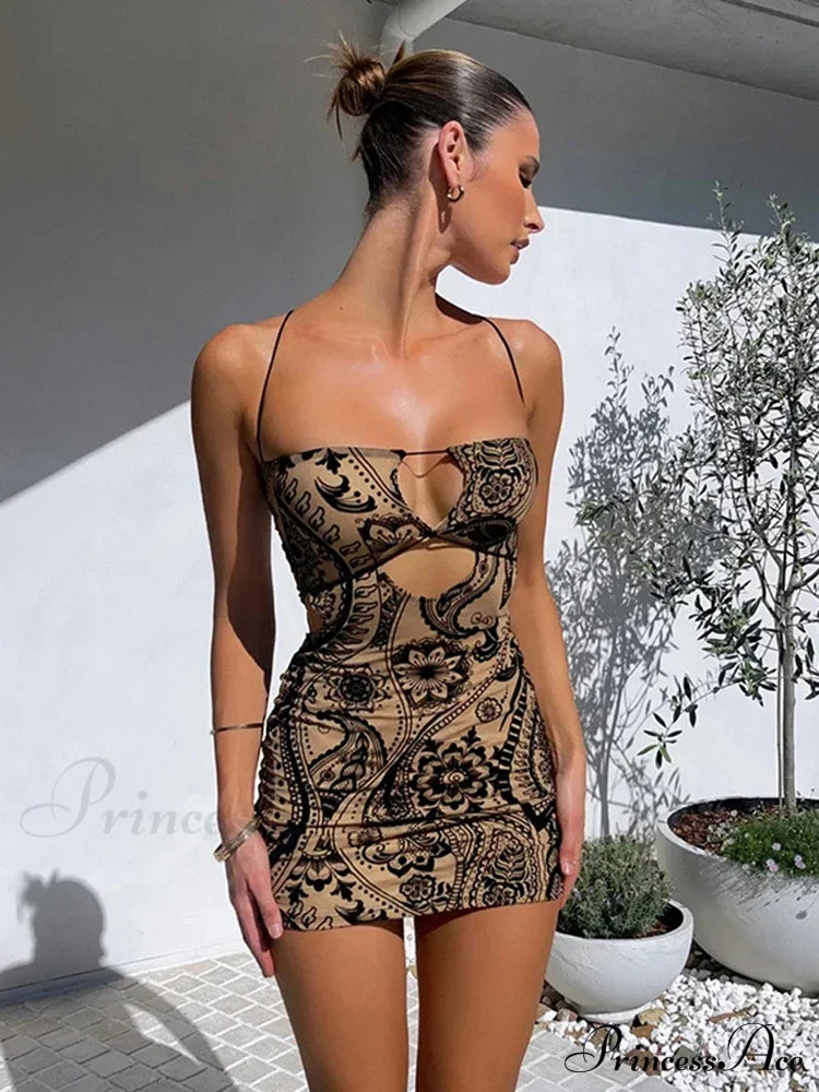 Print Backless Black Mini Dress