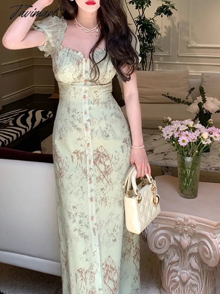 Print Dress for Women Short Sleeve French Style Vintage Dress Slim Midi A Llne Square Collar New Spring Summer Dress