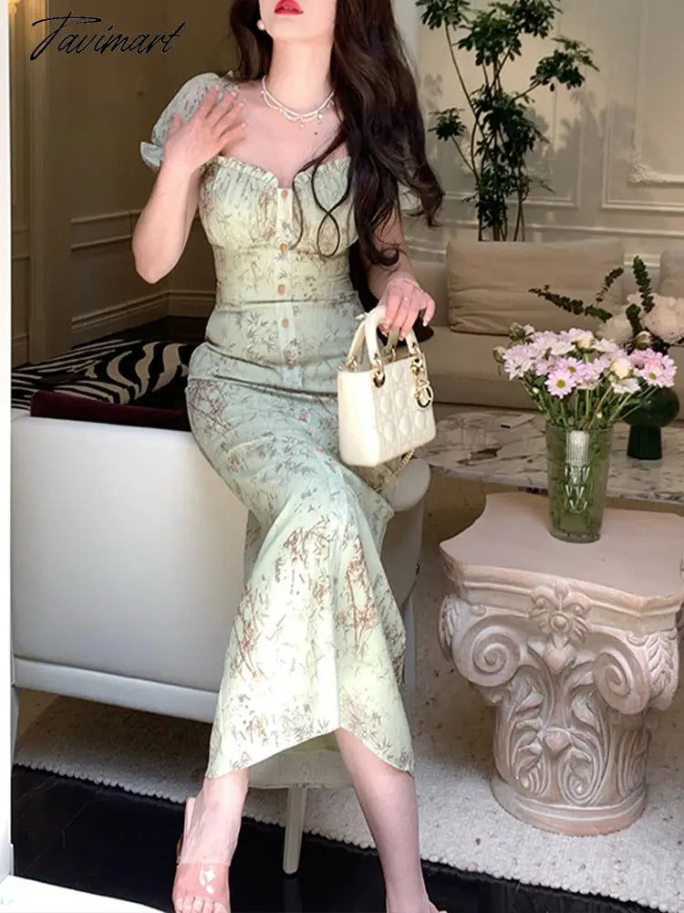 Print Dress for Women Short Sleeve French Style Vintage Dress Slim Midi A Llne Square Collar New Spring Summer Dress