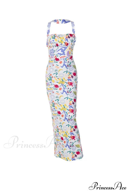 Print Halter Backless Dress in Multicolor