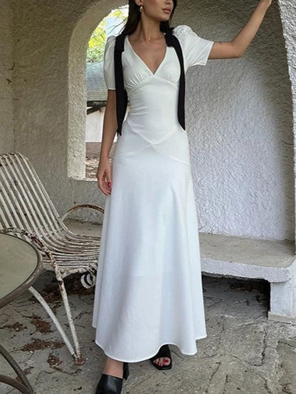 Deep V Puff Sleeve Tie Bow Waist Pleated Maxi Dress