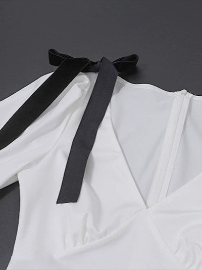 Deep V Puff Sleeve Tie Bow Waist Pleated Maxi Dress
