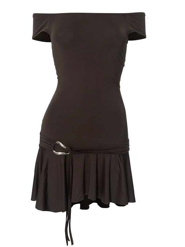Strapless Ruffle Hem Buckle Waist Bandage Mini Dress