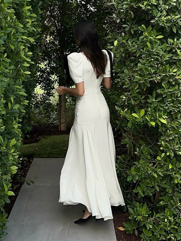 Deep V Puff Sleeve Tie Bow Waist Pleated Maxi Dress