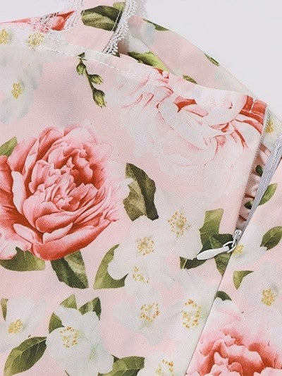 Sweetheart Lace Trim Spaghetti Strap Tiered Floral Maxi Dress