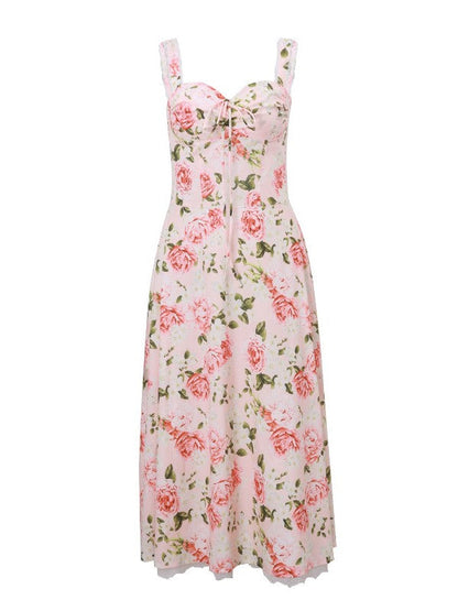 Sweetheart Lace Trim Spaghetti Strap Tiered Floral Maxi Dress