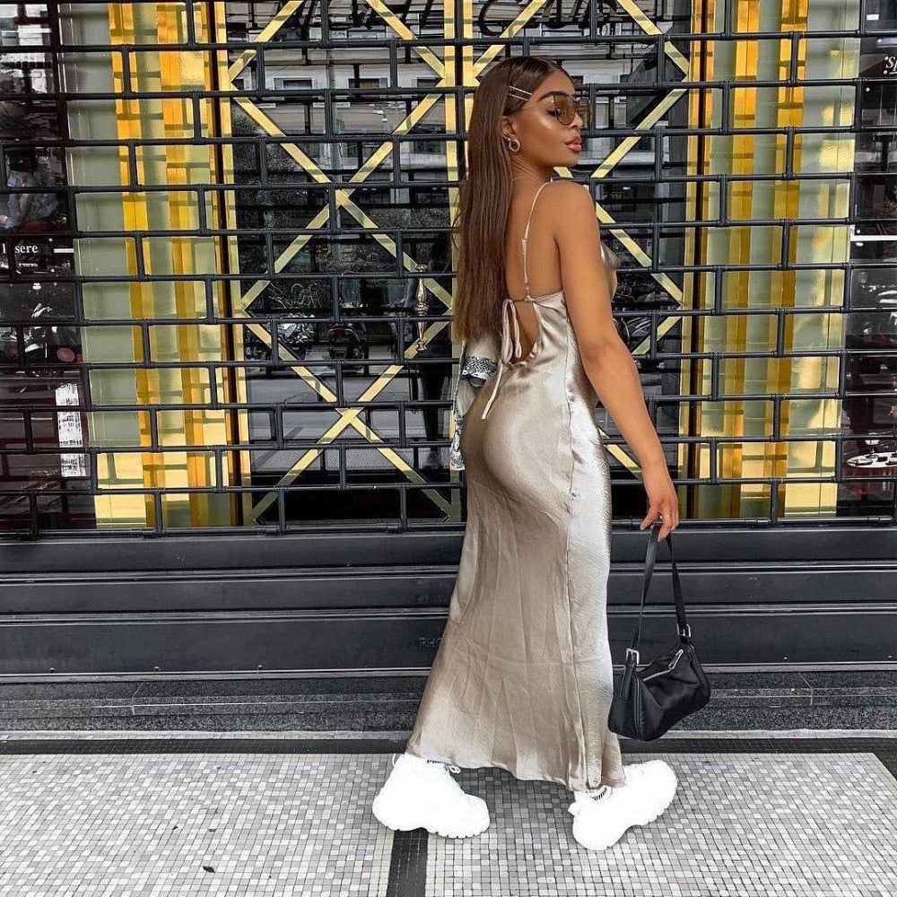 Metallic Hammered Cowl Neck Spaghetti Strap Slip Midi Dress