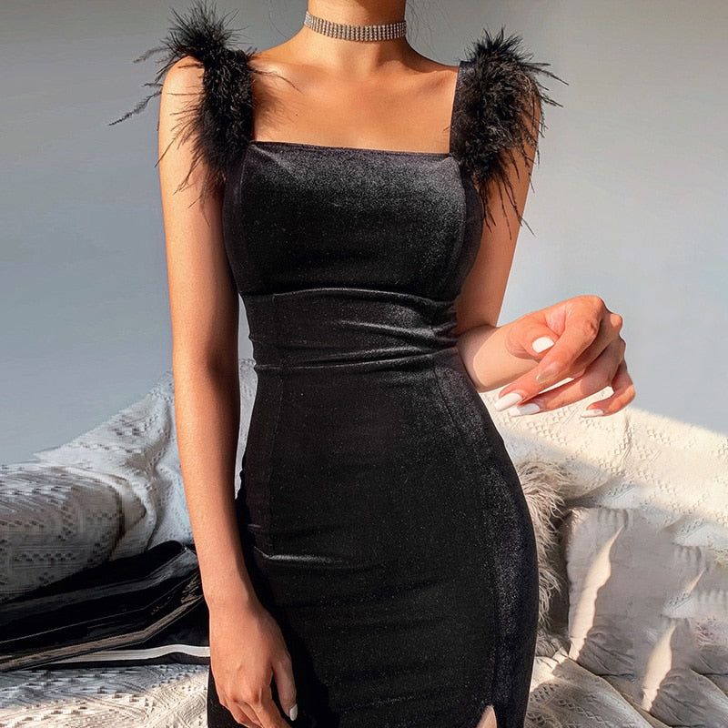 Feather Trim Velvet Bodycon Midi Dress
